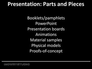 Booklets/pamphlets
PowerPoint
Presentation boards
Animations
Material samples
Physical models
Proofs-of-concept
Presentation: Parts and Pieces
 