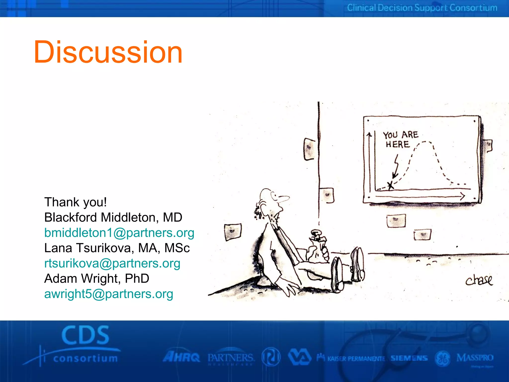 Discussion Thank you! Blackford Middleton, MD [email_address] Lana Tsurikova, MA, MSc [email_address] Adam Wright, PhD [email_address] 