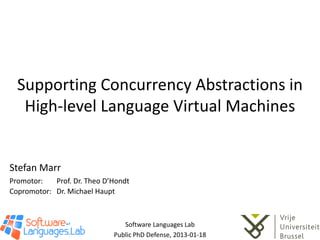 Supporting Concurrency Abstractions in
   High-level Language Virtual Machines


Stefan Marr
Promotor:   Prof. Dr. Theo D’Hondt
Copromotor: Dr. Michael Haupt



                                Software Languages Lab
                             Public PhD Defense, 2013-01-18
 