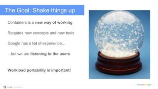 @kitmerker
The Goal: Shake things up
Containers is a new way of working
Requires new concepts and new tools
Google has a lot of experience...
...but we are listening to the users
Workload portability is important!
 