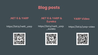Blog posts
.NET 6 & YARP
https://bit.ly/net6_yarp
.NET 6 & YARP &
Eureka
https://bit.ly/net6_yarp
_eureka
YARP Video
https://bit.ly/yarp-video
 