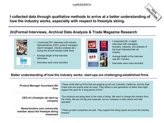 I collected data through qualitative methods to arrive at a better understanding of how the industry works, especially with respect to freestyle skiing.  (In)Formal Interviews, Archival Data Analysis & Trade Magazine Research I conducted 20+ interviews with industry representatives (CEO, product managers, resort managers, industry analysts etc.) during the annual industry trade show Average length of the interview 30minutes Interviews were voice recorded I conducted 20+ in depth interviews with managers, founders, veterans, and analysts of the local Colorado/Utah ski industry Average length of the interview was 60+ minutes Interviews were voice recorded Better understanding of how the industry works: start-ups are challenging established firms myRESEARCH DATA COLLECTION “ These up-start companies are sick. They support the skiing sports and push the industry forward. ” Newschoolers.com community member about the freestyle skiing movement “ Our products are going back to the roots of skiing. We want to change the industry from the inside. We are not big and corporate, but our company is rider owned and rider operated. ” CEO of a freestyle ski start-up company “ These small start-up firms that are popping up all over Colorado, California, and the East Coast now are exactly what we need. They attract a new generation of skiers that might support the sport for a long period of time .” Product Manager Incumbent Ski Firm 