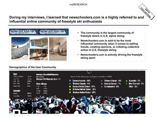 During my interviews, I learned that newschoolers.com is a highly referred to and influential online community of freestyle ski enthusiasts Demographics of the User Community The community is the largest community of freestyle skiers in U.S. alpine skiing Newschoolers.com is said to be the most influential community when it comes to setting trends, creating opinions, or initiating collective action in U.S. freestyle skiing Newschoolers.com is actively driving the freestyle skiing sport myRESEARCH DATA COLLECTION 