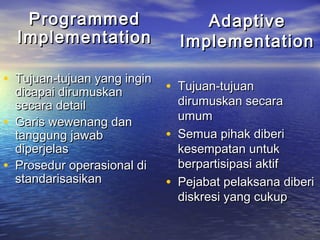 ProgrammedProgrammed
ImplementationImplementation
• Tujuan-tujuan yang inginTujuan-tujuan yang ingin
dicapai dirumuskandicapai dirumuskan
secara detailsecara detail
• Garis wewenang danGaris wewenang dan
tanggung jawabtanggung jawab
diperjelasdiperjelas
• Prosedur operasional diProsedur operasional di
standarisasikanstandarisasikan
AdaptiveAdaptive
ImplementationImplementation
• Tujuan-tujuanTujuan-tujuan
dirumuskan secaradirumuskan secara
umumumum
• Semua pihak diberiSemua pihak diberi
kesempatan untukkesempatan untuk
berpartisipasi aktifberpartisipasi aktif
• Pejabat pelaksana diberiPejabat pelaksana diberi
diskresi yang cukupdiskresi yang cukup
 