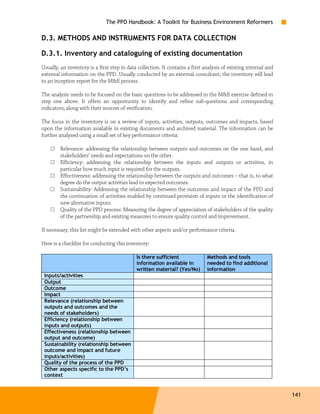 The PPD Handbook: A Toolkit for Business Environment Reformers

D.3. METHODS AND INSTRUMENTS FOR DATA COLLECTION

D.3.1. Inventory and cataloguing of existing documentation
Usually, an inventory is a first step in data collection. It contains a first analysis of existing internal and
external information on the PPD. Usually conducted by an external consultant, the inventory will lead
to an inception report for the M&E process.

The analysis needs to be focused on the basic questions to be addressed in the M&E exercise defined in
step one above. It offers an opportunity to identify and refine sub-questions and corresponding
indicators, along with their sources of verification.

The focus in the inventory is on a review of inputs, activities, outputs, outcomes and impacts, based
upon the information available in existing documents and archived material. The information can be
further analyzed using a small set of key performance criteria:

    □    Relevance: addressing the relationship between outputs and outcomes on the one hand, and
         stakeholders’ needs and expectations on the other.
    □    Efficiency: addressing the relationship between the inputs and outputs or activities, in
         particular how much input is required for the outputs.
    □    Effectiveness: addressing the relationship between the outputs and outcomes – that is, to what
         degree do the output activities lead to expected outcomes.
    □    Sustainability: Addressing the relationship between the outcomes and impact of the PPD and
         the continuation of activities enabled by continued provision of inputs or the identification of
         new alternative inputs.
    □    Quality of the PPD process: Measuring the degree of appreciation of stakeholders of the quality
         of the partnership and existing measures to ensure quality control and improvement.

If necessary, this list might be extended with other aspects and/or performance criteria.

Here is a checklist for conducting this inventory:

                                             Is there sufficient               Methods and tools
                                             information available in          needed to find additional
                                             written material? (Yes/No)        information
 Inputs/activities
 Output
 Outcome
 Impact
 Relevance (relationship between
 outputs and outcomes and the
 needs of stakeholders)
 Efficiency (relationship between
 inputs and outputs)
 Effectiveness (relationship between
 output and outcome)
 Sustainability (relationship between
 outcome and impact and future
 inputs/activities)
 Quality of the process of the PPD
 Other aspects specific to the PPD’s
 context


                                                                                                                  141
 