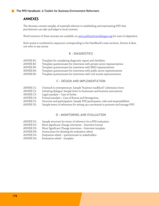 The PPD Handbook: A Toolkit for Business Environment Reformers

       ANNEXES
       The Annexes contain samples of materials relevant to establishing and maintaining PPD that
       practitioners can take and adapt to local contexts.

       Word versions of these annexes are available on www.publicprivatedialogue.org for ease of adaptation

       Each annex is numbered in sequences corresponding to the Handbook’s main sections. Section A does
       not refer to any annex.

                                               B - DIAGNOSTICS

       ANNEX B1:       Template for completing diagnostic report and checklists
       ANNEX B2:       Template questionnaire for interviews with private sector representatives
       ANNEX B3:       Template questionnaire for interviews with BMO representatives
       ANNEX B4:       Template questionnaire for interviews with public sector representatives
       ANNEX B5:       Template questionnaire for interviews with civil society representatives

                                   C - DESIGN AND IMPLEMENTATION

       ANNEX C1:       Outreach to entrepreneurs: Sample “business roadblock” submission form
       ANNEX C2:       Initiating dialogue: Sample letter to businesses and business associations
       ANNEX C3:       Legal mandate – Case of Serbia
       ANNEX C4:       Formal mandate – Case of Bosnia and Herzegovina
       ANNEX C5:       Structure and participation: Sample PPD participants, roles and responsibilities
       ANNEX C6:       Sample terms of references for setting up a secretariat to promote and manage PPD


                                   D - MONITORING AND EVALUATION

       ANNEX D1:       Sample structure for terms of reference for a PPD evaluation
       ANNEX D2:       Most Significant Change interviews – Interview format
       ANNEX D3:       Most Significant Change interviews – Interview template
       ANNEX D4:       Instructions for drawing the evaluation wheel
       ANNEX D5:       Evaluation wheel – questionnaire to stakeholders
       ANNEX D6:       Evaluation wheel – template




178
 