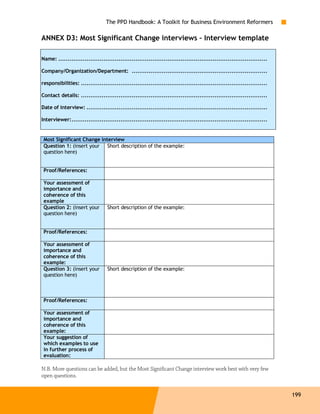 The PPD Handbook: A Toolkit for Business Environment Reformers

ANNEX D3: Most Significant Change interviews – Interview template

Name: ...............................................................................................................

Company/Organization/Department: ........................................................................

responsibilities: ...................................................................................................

Contact details: ...................................................................................................

Date of interview: ................................................................................................

Interviewer:........................................................................................................


 Most Significant Change interview
 Question 1: (insert your Short description of the example:
 question here)


 Proof/References:

 Your assessment of
 importance and
 coherence of this
 example
 Question 2: (insert your         Short description of the example:
 question here)


 Proof/References:

 Your assessment of
 importance and
 coherence of this
 example:
 Question 3: (insert your         Short description of the example:
 question here)



 Proof/References:

 Your assessment of
 importance and
 coherence of this
 example:
 Your suggestion of
 which examples to use
 in further process of
 evaluation:

N.B. More questions can be added, but the Most Significant Change interview work best with very few
open questions.


                                                                                                                        199
 