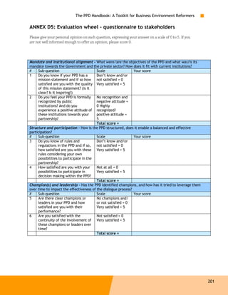 The PPD Handbook: A Toolkit for Business Environment Reformers

ANNEX D5: Evaluation wheel – questionnaire to stakeholders
Please give your personal opinion on each question, expressing your answer on a scale of 0 to 5. If you
are not well informed enough to offer an opinion, please score 0.



Mandate and institutional alignment - What were/are the objectives of the PPD and what was/is its
mandate towards the Government and the private sector? How does it fit with current institutions?
#     Sub-question                        Scale                Your score
1     Do you know if your PPD has a       Don’t know and/or
      mission statement and if so how not satisfied = 0
      satisfied are you with the quality Very satisfied = 5
      of this mission statement? (is it
      clear? Is it inspiring?)
2     Do you feel your PPD is formally    No recognition and
      recognized by public                negative attitude =
      institutions? And do you            0 Highly
      experience a positive attitude of recognized/
      these institutions towards your     positive attitude =
      partnership?                        5
                                          Total score =
Structure and participation - How is the PPD structured, does it enable a balanced and effective
participation?
#     Sub-question                        Scale                Your score
3     Do you know of rules and            Don’t know and/or
      regulations in the PPD and if so,   not satisfied = 0
      how satisfied are you with these Very satisfied = 5
      rules considering your own
      possibilities to participate in the
      partnership?
4     How satisfied are you with your     Not at all = 0
      possibilities to participate in     Very satisfied = 5
      decision making within the PPD?
                                          Total score =
Champion(s) and leadership - Has the PPD identified champions, and how has it tried to leverage them
over time to impact the effectiveness of the dialogue process?
#     Sub-question                        Scale                Your score
5     Are there clear champions or        No champions and/
      leaders in your PPD and how         or not satisfied = 0
      satisfied are you with their        Very satisfied = 5
      performance?
6     Are you satisfied with the          Not satisfied = 0
      continuity of the involvement of Very satisfied = 5
      these champions or leaders over
      time?
                                          Total score =




                                                                                                          201
 