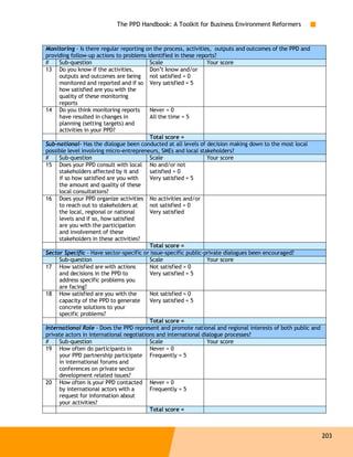 The PPD Handbook: A Toolkit for Business Environment Reformers


Monitoring - Is there regular reporting on the process, activities, outputs and outcomes of the PPD and
providing follow-up actions to problems identified in these reports?
#    Sub-question                         Scale                  Your score
13 Do you know if the activities,         Don’t know and/or
     outputs and outcomes are being       not satisfied = 0
     monitored and reported and if so Very satisfied = 5
     how satisfied are you with the
     quality of these monitoring
     reports
14 Do you think monitoring reports        Never = 0
     have resulted in changes in          All the time = 5
     planning (setting targets) and
     activities in your PPD?
                                          Total score =
Sub-national- Has the dialogue been conducted at all levels of decision making down to the most local
possible level involving micro-entrepreneurs, SMEs and local stakeholders?
#    Sub-question                         Scale                  Your score
15 Does your PPD consult with local No and/or not
     stakeholders affected by it and      satisfied = 0
     if so how satisfied are you with     Very satisfied = 5
     the amount and quality of these
     local consultations?
16 Does your PPD organize activities No activities and/or
     to reach out to stakeholders at      not satisfied = 0
     the local, regional or national      Very satisfied
     levels and if so, how satisfied
     are you with the participation
     and involvement of these
     stakeholders in these activities?
                                          Total score =
Sector Specific - Have sector-specific or issue-specific public-private dialogues been encouraged?
     Sub-question                         Scale                  Your score
17 How satisfied are with actions         Not satisfied = 0
     and decisions in the PPD to          Very satisfied = 5
     address specific problems you
     are facing?
18 How satisfied are you with the         Not satisfied = 0
     capacity of the PPD to generate      Very satisfied = 5
     concrete solutions to your
     specific problems?
                                          Total score =
International Role - Does the PPD represent and promote national and regional interests of both public and
private actors in international negotiations and international dialogue processes?
#    Sub-question                         Scale                  Your score
19 How often do participants in           Never = 0
     your PPD partnership participate Frequently = 5
     in international forums and
     conferences on private sector
     development related issues?
20 How often is your PPD contacted Never = 0
     by international actors with a       Frequently = 5
     request for information about
     your activities?
                                          Total score =



                                                                                                             203
 