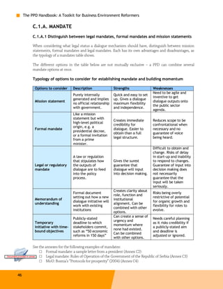 The PPD Handbook: A Toolkit for Business Environment Reformers

          C.1.A. MANDATE
          C.1.A.1 Distinguish between legal mandates, formal mandates and mission statements

          When considering what legal status a dialogue mechanism should have, distinguish between mission
          statements, formal mandates and legal mandates. Each has its own advantages and disadvantages, as
          the typology of a mandates table shows.

          The different options in the table below are not mutually exclusive – a PPD can combine several
          mandate options at once.

          Typology of options to consider for establishing mandate and building momentum

           Options to consider     Description                Strengths               Weaknesses
                                                                                      Need to be agile and
                                   Purely internally          Quick and easy to set
                                                                                      inventive to get
                                   generated and implies      up. Gives a dialogue
           Mission statement                                                          dialogue outputs onto
                                   no official relationship   maximum flexibility
                                                                                      the public sector
                                   with government.           and independence.
                                                                                      agenda.
                                   Like a mission
                                   statement but with
                                                              Creates immediate       Reduces scope to be
                                   high-level political
                                                              credibility for         confrontational when
                                   origin, e.g. a
           Formal mandate                                     dialogue. Easier to     necessary and no
                                   presidential decree,
                                                              obtain than a full      guarantee of voice
                                   or a formal invitation
                                                              legal structure.        being heard.
                                   from a prime
                                   minister.
                                                                                      Difficult to obtain and
                                                                                      change. Risks of delay
                                   A law or regulation                                in start-up and inability
                                   that stipulates how        Gives the surest        to respond to changes.
           Legal or regulatory     the outputs of             guarantee that          Guarantee of input into
           mandate                 dialogue are to feed       dialogue will input     decision making does
                                   into the policy            into decision making.   not necessarily
                                   process.                                           guarantee that the
                                                                                      input will be taken
                                                                                      seriously.
                                                              Creates clarity about
                                   Formal document                                    Risks being overly
                                                              role, function and
                                   setting out how a new                              restrictive of potential
           Memorandum of                                      institutional
                                   dialogue initiative will                           for organic growth and
           understanding                                      alignment. Can be
                                   work with existing                                 flexibility for roles to
                                                              combined with other
                                   institutions                                       evolve.
                                                              options.
                                                              Can create a sense of
                                   Publicly-stated                                    Needs careful planning
                                                              urgency and
           Temporary               deadline to which                                  as it risks credibility if
                                                              momentum where
           initiative with time-   stakeholders commit,                               a publicly-stated aim
                                                              none had existed.
           bound objectives        such as “50 economic                               and deadline is
                                                              Can be combined
                                   reforms in 150 days”                               adjusted or ignored.
                                                              with other options.

          See the annexes for the following examples of mandates:
              □ Formal mandate: a sample letter from a president (Annex C2)
              □ Legal mandate: Rules of Operation of the Government of the Republic of Serbia (Annex C3)
              □ MoU: Bosnia’s “Protocols for prosperity” (2004) (Annex C4)


46
 