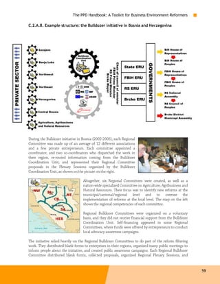 The PPD Handbook: A Toolkit for Business Environment Reformers

C.2.A.8. Example structure: the Bulldozer initiative in Bosnia and Herzegovina




During the Bulldozer initiative in Bosnia (2002-2005), each Regional
Committee was made up of an average of 12 different associations
and a few private entrepreneurs. Each committee appointed a
coordinator, and two co-coordinators who dispatched the work in
their region, re-routed information coming from the Bulldozer
Coordination Unit, and represented their Regional Committee
proposals in the Plenary Sessions organized by the Bulldozer
Coordination Unit, as shown on the picture on the right.

                                  Altogether, six Regional Committees were created, as well as a
                                  nation-wide specialized Committee on Agriculture, Agribusiness and
                                  Natural Resources. Their focus was to identify new reforms at the
                                  municipal/cantonal/regional level and to oversee the
                                  implementation of reforms at the local level. The map on the left
                                  shows the regional competencies of each committee.

                                  Regional Bulldozer Committees were organized on a voluntary
                                  basis, and they did not receive financial support from the Bulldozer
                                  Coordination Unit. Self-financing appeared in some Regional
                                  Committees, where funds were offered by entrepreneurs to conduct
                                  local advocacy awareness campaigns.

The initiative relied heavily on the Regional Bulldozer Committees to do part of the reform filtering
work. They distributed blank forms to enterprises in their regions, organized many public meetings to
inform people about the initiative, and created public awareness campaigns. Each Regional Bulldozer
Committee distributed blank forms, collected proposals, organized Regional Plenary Sessions, and



                                                                                                         59
 