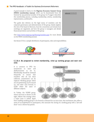 The PPD Handbook: A Toolkit for Business Environment Reformers

          A good example to look at is the Nigerian Economic Summit Group
          (NESG) membership manual which can be downloaded from the
                                 manual,
          Internet by any potential member of the group. In 27 pages it describes
          the membership process, including membership criteria, membership
          representation, and benefits.

          The guide also informs on the legal status of members and the
          corporate governance and administration of the group; clearly explains
          the role of the board of directors, how the committees are formed, how
          meetings are organized, and how the group is managed; and details
          financial provisions and activities of the group.

          (See http://www.nesgroup.org/thenesg/member.aspx for more details
          on the NESG membership process).

          See Annex C5 for a sample distribution of participants, roles and responsibilities.




          C.2.B.4. Be prepared to revisit membership, wind up working groups and start new
          ones

          It is common in PPD for
          momentum to wane and
          disillusionment to set in.
          Membership should be reviewed
          frequently to ensure that
          members who do not show
          sufficient commitment can be
          replaced. Working groups which
          are not performing can be wound
          up, and other ones formed, to
          tackle either the same or
          different subjects.

          In Turkey, the YOIKK group,
          whose structure is shown on the
          right, follows this strategy when
          a major issue is solved. Apart
          from enabling working groups to be formed as demand for an issue rises, this mechanism also offers a
          sense of accomplishment to participants, who associate the closing of a working group with a “job well
          done” once a reform has passed.




62
 