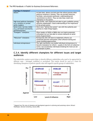 The PPD Handbook: A Toolkit for Business Environment Reformers

          Typology of champions4
          Donors                                  At their best, donors can kick start the reform process when
                                                  political consensus is lacking. They can provide resources,
                                                  facilitate, and promote awareness, understanding and
                                                  commitment to reform. They can also help create new
                                                  champions in the system.
          High level political champions          High profile, well respected and able to gain credibility among
          (e.g. ministers or private              different stakeholders. Good understanding of the importance
          sector leaders)                         of the private sector.
          Senior level, but less visible          Work more “behind the scenes”, but with the authority and
          (e.g. permanent secretaries,            gravitas to make things happen.
          parliamentarians)
          “Energetic” champions                   Often leaders of NGOs or BMOs who can inspire grassroots
                                                  enthusiasm but are less able to remove obstacles at senior
                                                  levels of government.
          “Reluctant” champions                   Bureaucrats who will have to implement reforms can
                                                  sometimes become enthusiastic when offered training and
                                                  career-building opportunities.
          Individual entrepreneurs                The right mechanism can enable individual entrepreneurs to
                                                  become champions for reform – usually in the form of collective
                                                  action, but occasionally individuals breaking the mold can set
                                                  an example to peers.

          C.3.4. Identify different champions for different issues and target
          audiences
          The stakeholder analysis matrix helps to identify different stakeholders who need to be approached in
          different ways – leveraged, mobilized or neutralized. This matrix should be used as a basis for
          identifying champions to perform specific roles with regard to specific groups of stakeholders.




          4
            Adapted from The roles of champions and development agencies in achieving (and sustaining) reform, Richard
          Waddington, Bannock Consulting, January 2006.




66
 