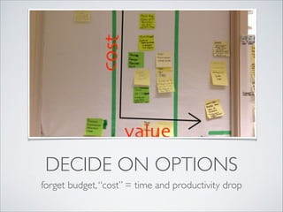 DECIDE ON OPTIONS
forget budget, “cost” = time and productivity drop

 