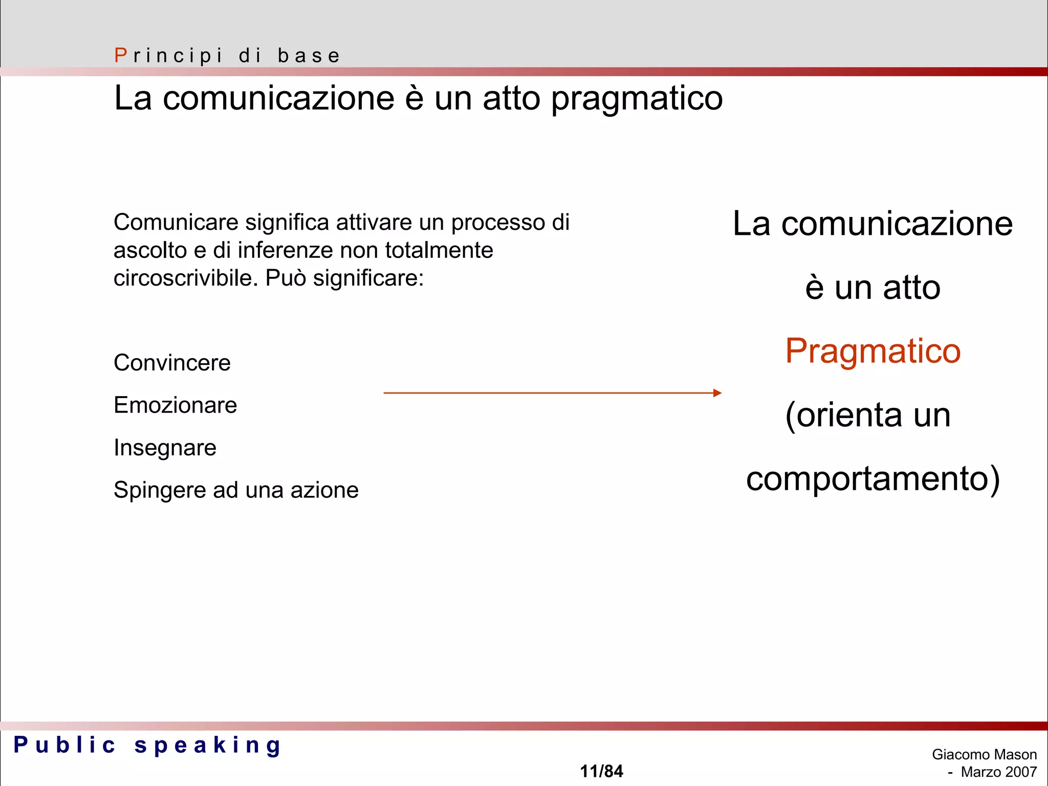 Comunicare significa attivare un processo di ascolto e di inferenze non totalmente circoscrivibile. Può significare: Convincere Emozionare Insegnare Spingere ad una azione P  r i n c i p i  d i  b a s e La comunicazione è un atto pragmatico La comunicazione è un atto Pragmatico (orienta un  comportamento) 