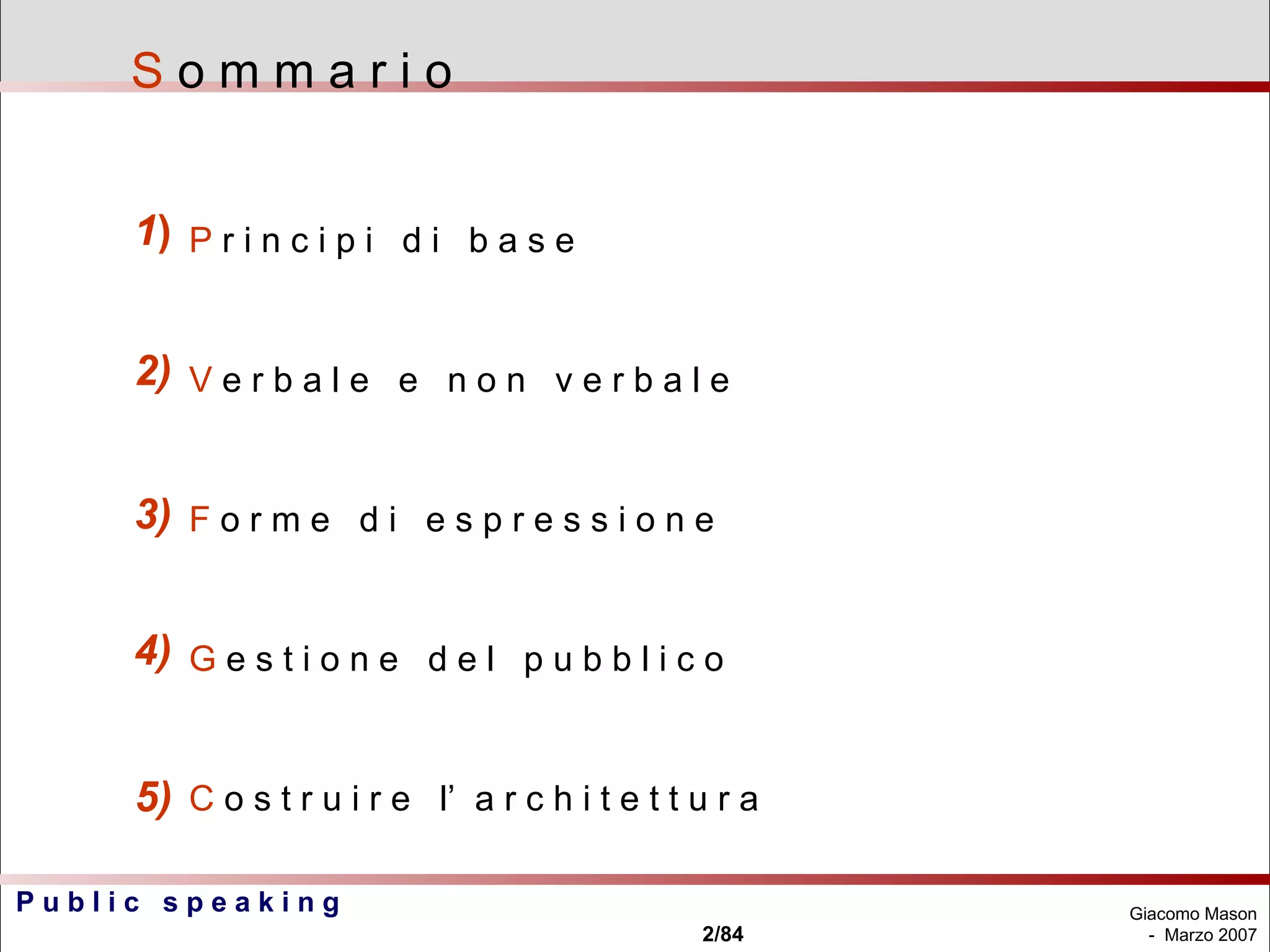 P  r i n c i p i  d i  b a s e V  e r b a l e  e  n o n  v e r b a l e F  o r m e  d i  e s p r e s s i o n e G  e s t i o n e  d e l  p u b b l i c o C  o s t r u i r e  l’  a r c h i t e t t u r a S  o m m a r i o 1 ) 2) 3) 4) 5) 