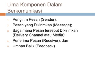 Lima Komponen Dalam
Berkomunikasi
1. Pengirim Pesan (Sender);
2. Pesan yang Dikirimkan (Message);
3. Bagaimana Pesan tersebut Dikirimkan
(Delivery Channel atau Media);
4. Penerima Pesan (Receiver); dan
5. Umpan Balik (Feedback).
 