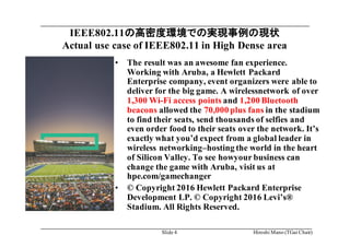 IEEE802.11の高密度環境での実現事例の現状
Actual use case of IEEE802.11 in High Dense area
• The result was an awesome fan experience.
Working with Aruba, a Hewlett Packard
Enterprise company, event organizers were able to
deliver for the big game. A wirelessnetwork of over
1,300 Wi-Fi access points and 1,200 Bluetooth
beacons allowed the 70,000 plus fans in the stadium
to find their seats, send thousands of selfies and
even order food to their seats over the network. It’s
exactly what you’d expect from a global leader in
wireless networking–hosting the world in the heart
of Silicon Valley. To see howyour business can
change the game with Aruba, visit us at
hpe.com/gamechanger
• © Copyright 2016 Hewlett Packard Enterprise
Development LP. © Copyright 2016 Levi’s®
Stadium. All Rights Reserved.
Hiroshi Mano (TGai Chair)Slide 4
 