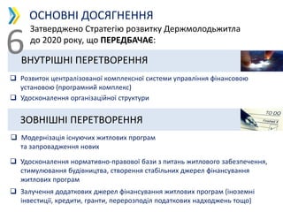 ВНУТРІШНІ ПЕРЕТВОРЕННЯ
 Розвиток централізованої комплексної системи управління фінансовою
установою (програмний комплекс)
 Удосконалення організаційної структури
 Модернізація існуючих житлових програм
та запровадження нових
 Удосконалення нормативно-правової бази з питань житлового забезпечення,
стимулювання будівництва, створення стабільних джерел фінансування
житлових програм
 Залучення додаткових джерел фінансування житлових програм (іноземні
інвестиції, кредити, гранти, перерозподіл податкових надходжень тощо)
ЗОВНІШНІ ПЕРЕТВОРЕННЯ
Затверджено Стратегію розвитку Держмолодьжитла
до 2020 року, що ПЕРЕДБАЧАЄ:
ОСНОВНІ ДОСЯГНЕННЯ
6
 