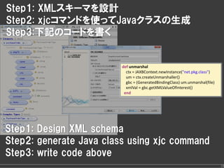 Step1: XMLスキーマを設計
Step2: xjcコマンドを使ってJavaクラスの生成
Step3:下記のコードを書く


                         def unmarshal
                           ctx = JAXBContext.newInstance("net.pkg.class") 
                           um = ctx.createUnmarshaller() 
                           gbc = (GeneratedBindingClass) um.unmarshal(file) 
                           xmlVal = gbc.getXMLValueOfInterest() 
                          end




Step1: Design XML schema
Step2: generate Java class using xjc command
Step3: write code above
                                                                               18
 
