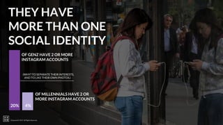 22squared © 2017. All Rights Reserved.
THEY HAVE
MORE THAN ONE
SOCIAL IDENTITY
OF GENZ HAVE 2 OR MORE
INSTAGRAM ACCOUNTS
4%
(WHY? TO SEPARATE THEIR INTERESTS,
AND TO LIKE THEIR OWN PHOTOS.)
OF MILLENNIALS HAVE 2 OR
MORE INSTAGRAM ACCOUNTS
20%
22squared © 2017. All Rights Reserved.
 