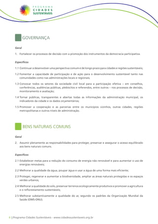 Governança

    Geral

    1.	 Fortalecer os processos de decisão com a promoção dos instrumentos da democracia participativa.


    Específicos

    1.1	Continuar a desenvolver uma perspectiva comum e de longo prazo para cidades e regiões sustentáveis;

    1.2	Fomentar a capacidade de participação e de ação para o desenvolvimento sustentável tanto nas
        comunidades como nas administrações locais e regionais;

    1.3	Convocar todos os setores da sociedade civil local para a participação efetiva – em conselhos,
        conferências, audiências públicas, plebiscitos e referendos, entre outros – nos processos de decisão,
        monitoramento e avaliação;

    1.4	Tornar públicas, transparentes e abertas todas as informações da administração municipal, os
        indicadores da cidade e os dados orçamentários;

    1.5	Promover a cooperação e as parcerias entre os municípios vizinhos, outras cidades, regiões
        metropolitanas e outros níveis de administração.




            Bens Naturais Comuns

    Geral

    2.	 Assumir plenamente as responsabilidades para proteger, preservar e assegurar o acesso equilibrado
        aos bens naturais comuns.


    Específicos

    2.1	Estabelecer metas para a redução do consumo de energia não renovável e para aumentar o uso de
        energias renováveis;

    2.2	Melhorar a qualidade da água, poupar água e usar a água de uma forma mais eficiente;

    2.3	Proteger, regenerar e aumentar a biodiversidade, ampliar as áreas naturais protegidas e os espaços
        verdes urbanos;

    2.4	Melhorar a qualidade do solo, preservar terrenos ecologicamente produtivos e promover a agricultura
        e o reflorestamento sustentáveis;

    2.5	Melhorar substantivamente a qualidade do ar, segundo os padrões da Organização Mundial da
        Saúde (OMS-ONU).




6 | Programa Cidades Sustentáveis - www.cidadessustentaveis.org.br
 