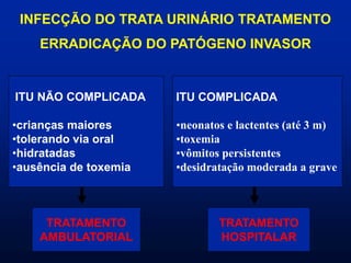 INFECÇÃO DO TRATA URINÁRIO TRATAMENTO
ERRADICAÇÃO DO PATÓGENO INVASOR
ITU NÃO COMPLICADA
•crianças maiores
•tolerando via oral
•hidratadas
•ausência de toxemia
ITU COMPLICADA
•neonatos e lactentes (até 3 m)
•toxemia
•vômitos persistentes
•desidratação moderada a grave
TRATAMENTO
AMBULATORIAL
TRATAMENTO
HOSPITALAR
 