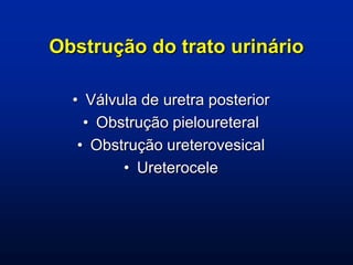 Obstrução do trato urinário
• Válvula de uretra posterior
• Obstrução pieloureteral
• Obstrução ureterovesical
• Ureterocele
 