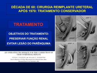 TRATAMENTO
DÉCADA DE 60: CIRURGIA REIMPLANTE URETERAL
APÓS 1970: TRATAMENTO CONSERVADOR
OBJETIVOS DO TRATAMENTO:
PRESERVAR FUNÇÃO RENAL
EVITAR LESÃO DO PARÊNQUIMA
 