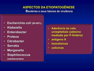 • Escherichia coli (80-90%)
• Klebsiella
• Enterobacter
• Proteus
• Citrobacter
• Serratia
• Morganella
• Staphilococcus
(adolescentes)
• Aderência às cels.
uroepiteliais (adesina
mediada por P-fímbria)
• antígeno K
• hemolisinas
• colicinas
ASPECTOS DA ETIOPATOGÊNESE
Bactérias e seus fatores de virulência
 