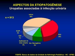 RVU
38%
bex. Neurogênica
9%
duplicação do
trato urinário
8%
VUP
7%
OJUP
4%
outros
34%
ASPECTOS DA ETIOPATOGÊNESE
Uropatias associadas à infecção urinária
FONTE: Banco de dados da Unidade de Nefrologia Pediátrica - HC - UFMG
n = 913
 