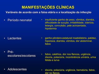 • Período neonatal
• Lactentes
• Pré-
escolares/escolares
• Adolescentes
• insuficiente ganho de peso, vômitos, diarréia,
dificuldade de sucção, irritabilidade, icterícia,
letargia, convulsão, pele acinzentada,
hipotermia
• ganho pôndero-estatural insatisfatório, palidez,
hiporexia, diarréia, vômitos, dor abdominal,
febre
• febre, calafrios, dor nos flancos, urgência,
disúria, polaciúria, incontinência urinária, urina
fétida e turva
• disúria, polaciúria, urgência, hematúria, febre,
dor no flanco.
MANIFESTAÇÕES CLÍNICAS
Variáveis de acordo com a faixa etária e a localização da infecção
 