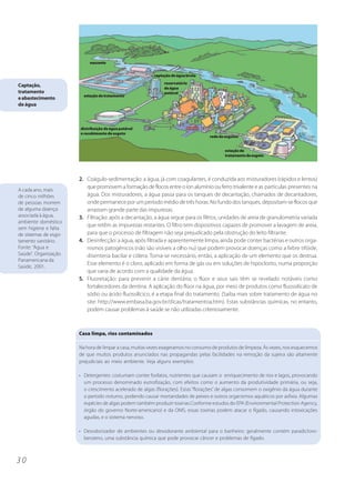 nascente


                                                         captação de água bruta
                                                              reservatório
Captação,                                                     de água
tratamento                                                    potável
                         estação de tratamento
e abastecimento
de água



                       distribuição de água potável
                       e recebimento de esgoto
                                                                                   rede de esgotos


                                                                                          estação de
                                                                                          tratamento de esgoto




                       2. Coágulo-sedimentação: a água, já com coagulantes, é conduzida aos misturadores (rápidos e lentos)
                          que promovem a formação de flocos entre o íon alumínio ou ferro trivalente e as partículas presentes na
A cada ano, mais
de cinco milhões          água. Dos misturadores, a água passa para os tanques de decantação, chamados de decantadores,
de pessoas morrem         onde permanece por um período médio de três horas. No fundo dos tanques, depositam-se flocos que
de alguma doença          arrastam grande parte das impurezas.
associada à água,      3. Filtração: após a decantação, a água segue para os filtros, unidades de areia de granulometria variada
ambiente doméstico
                          que retêm as impurezas restantes. O filtro tem dispositivos capazes de promover a lavagem de areia,
sem higiene e falta
de sistemas de esgo-      para que o processo de filtragem não seja prejudicado pela obstrução do leito filtrante.
tamento sanitário.     4. Desinfecção: a água, após filtrada e aparentemente limpa, ainda pode conter bactérias e outros orga-
Fonte: “Água e            nismos patogênicos (não são visíveis a olho nu) que podem provocar doenças como a febre tifóide,
Saúde”, Organização       disenteria bacilar e cólera. Torna-se necessário, então, a aplicação de um elemento que os destrua.
Panamericana da
                          Esse elemento é o cloro, aplicado em forma de gás ou em soluções de hipoclorito, numa proporção
Saúde, 2001.
                          que varia de acordo com a qualidade da água.
                       5. Fluoretação: para prevenir a cárie dentária; o flúor e seus sais têm se revelado notáveis como
                          fortalecedores da dentina. A aplicação do flúor na água, por meio de produtos como fluossilicato de
                          sódio ou ácido fluossilícico, é a etapa final do tratamento. (Saiba mais sobre tratamento de água no
                          site: http://www.embasa.ba.gov.br/dicas/tratamentoa.htm). Estas substâncias químicas, no entanto,
                          podem causar problemas à saúde se não utilizadas criteriosamente.



                       Casa limpa, rios contaminados

                       Na hora de limpar a casa, muitas vezes exageramos no consumo de produtos de limpeza. Às vezes, nos esquecemos
                       de que muitos produtos anunciados nas propagandas pelas facilidades na remoção da sujeira são altamente
                       prejudiciais ao meio ambiente. Veja alguns exemplos:

                       • Detergentes: costumam conter fosfatos, nutrientes que causam o enriquecimento de rios e lagos, provocando
                         um processo denominado eutrofização, com efeitos como o aumento da produtividade primária, ou seja,
                         o crescimento acelerado de algas (florações). Estas “florações” de algas consomem o oxigênio da água durante
                         o período noturno, podendo causar mortandades de peixes e outros organismos aquáticos por asfixia. Algumas
                         espécies de algas podem também produzir toxinas.Conforme estudos do EPA (Environmental Protection Agency,
                         órgão do governo Norte-americano) e da OMS, essas toxinas podem atacar o fígado, causando intoxicações
                         agudas, e o sistema nervoso.

                       • Desodorizador de ambientes ou desodorante ambiental para o banheiro: geralmente contém paradicloro-
                         benzeno, uma substância química que pode provocar câncer e problemas de fígado.



30
 