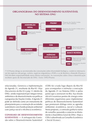 ORGanOGRama DO DeSenvOlvimentO SuStentável
                      nO SiStema Onu


                                                                                Programa das Nações Unidas
                                                              PNUMA*            para o Meio Ambiente
                        ASSEMBLEIA
                          GERAL
                                                                                Programa das Nações Unidas para o
                                                                PNUD            Desenvolvimento
                             Organização Mundial
                     OMC     do Comércio


     ONU


                                                             CDS
                                                                                              Organização Internacio-
                                                   Comissão sobre o Desenvol-         OIT     nal do Trabalho
                         ECOSOC                    vimento Sustentável

                   Conselho Econômico                                                 BANCO MUNDIAL
                   e Social da ONU
                                                        AGÊNCIAS
                                                     ESPECIALIZADAS                           Organização das Nações
                                                                                      FAO     Unidas para Agricultura
                                                                                              e Alimentação
                                                                                              Organização Mundial
                                                                                      OMS     da Saúde



(*) O Pnuma abriga os secretariados das convenções sobre diversidade biológica, comércio internacio-
nal de espécies sob perigo, ozônio, espécies migratórias e POPs e as de Basileia e Roterdã (Pnuma e
FAO dividem responsabilidade nessa última convenção). As convenções sobre clima e desertificação
recebem apoio do Secretariado da ONU. Fonte: ONU/Pnuma



relacionadas. Gerencia a implementação                (CDS) foi criada logo depois da Rio-92
da Agenda 21, resultante da Rio-92 (Veja              para acompanhar e estimular a execução
Documentos da Rio-92 à pág 11) dentro da              da Agenda 21 no Sistema ONU e pelos
ONU, sendo responsável por integrar temas             países que a assinaram no Rio. Sua missão
ambientais e de desenvolvimento nas políticas         oficial é examinar pontos de sinergia entre
e programas das Nações Unidas. A Agenda 21            diferentes organismos para implementar
pode ser definida como um instrumento de              políticas de Desenvolvimento Sustentável
planejamento para a construção de sociedades          que promovam diálogo entre as agendas
sustentáveis conciliando proteção ambiental           ambiental, econômica, social e cultural.
com justiça social e eficiência econômica.            Nesta proposta, a comissão ganharia status
                                                      de conselho, passando a conectar-se direta-
cOnSelhO De DeSenvOlvimentO                           mente à Assembleia Geral da ONU. Hoje a
SuStentável — A enfraquecida Comis-                   CDS é subordinada ao Conselho Econômico
são sobre o Desenvolvimento Sustentável               e Social (Ecosoc).
 