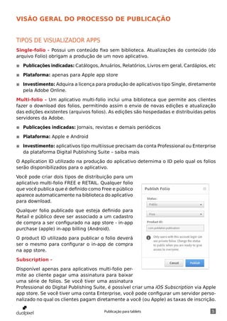 Visão geral do processo de publicação


Tipos de Visualizador Apps
Single-folio - Possui um conteúdo fixo sem biblioteca. Atualizações do conteúdo (do
arquivo Folio) obrigam a produção de um novo aplicativo.

◾◾ Publicações indicadas: Catálogos, Anuários, Relatórios, Livros em geral, Cardápios, etc

◾◾ Plataforma: apenas para Apple app store

◾◾ Investimento: Adquira a licença para produção de aplicativos tipo Single, diretamente
   pela Adobe Online.

Multi-folio - Um aplicativo multi-folio inclui uma biblioteca que permite aos clientes
fazer o download dos folios, permitindo assim o envio de novas edições e atualização
das edições existentes (arquivos folios). As edições são hospedadas e distribuídas pelos
servidores da Adobe.

◾◾ Publicações indicadas: Jornais, revistas e demais periódicos

◾◾ Plataforma: Apple e Android

◾◾ Investimento: aplicativos tipo multiissue precisam da conta Professional ou Enterprise
   da plataforma Digital Publishing Suite – saiba mais

O Application ID utilizado na produção do aplicativo deternima o ID pelo qual os folios
serão disponibilizados para o aplicativo.

Você pode criar dois tipos de distribuição para um
aplicativo multi-folio FREE e RETAIL. Qualquer folio
que você publica que é definido como Free e público
aparece automaticamente na biblioteca do aplicativo
para download.

Qualquer folio publicado que esteja definido para
Retail e público deve ser associado a um cadastro
de compra a ser configurado na app store - in-app
purchase (apple) in-app billing (Android).

O product ID utilizado para publicar o folio deverá
ser o mesmo para configurar o in-app de compra
na app store.

Subscription -

Disponível apenas para aplicativos multi-folio per-
mite ao cliente pagar uma assinatura para baixar
uma série de folios. Se você tiver uma assinatura
Professional do Digital Publishing Suite, é possível criar uma iOS Subscription via Apple
app store. Se você tiver uma conta Enterprise, você pode configurar um servidor perso-
nalizado no qual os clientes pagam diretamente a você (ou Apple) as taxas de inscrição.

                                       Publicação para tablets                          5
 