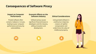 Impact on Computer
Performance
Pirated software often
contains malware or viruses,
leading to poor computer
performance and security
vulnerabilities.
Economic Effects on the
Software Industry
Software piracy causes
significant financial losses to
developers and the industry,
stifling innovation and
development.
Ethical Considerations
Using pirated software is
unethical as it deprives
creators of rightful
compensation and
undermines the value of
intellectual property.
Consequences of Software Piracy
 