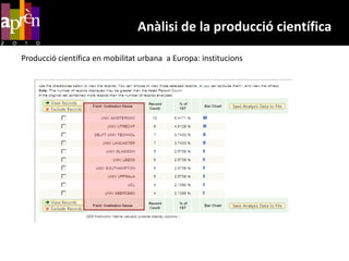 Anàlisi de la producció científicaProducció científica en mobilitat urbana a EuropaServeix per classificar un conjunt de resultats en categories tals com autor, publicació, institució o àrea temàtica.20