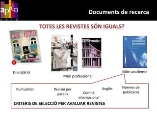 Documents de recercaTotes les revistes sóniguals?MónacadèmicDivulgacióMónprofessionalNormes de publicacióAnglèsPuntualitatRevisió per parellsComité internacionalCriteris de selecció per avaluar revistes