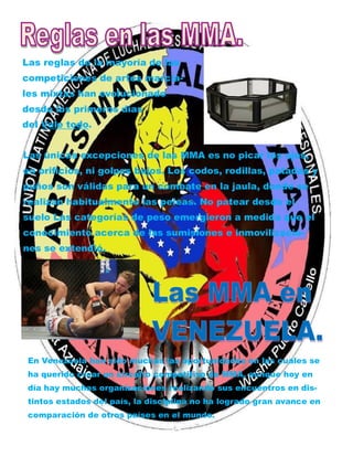Esta historia puede incluir 150-
200 palabras.
Una ventaja de utilizar el boletín
como herramienta para promo-
cionarse es que puede reutilizar
el contenido de otros materiales
de marketing, como comunica-
dos de prensa, estudios de mer-
cado e informes.
Quizá su principal objetivo sea
distribuir un boletín para vender
su producto o servicio, pero la
clave del éxito de un boletín es
conseguir que sea útil para el
público.
Un buen método consiste en
escribir sus propios artículos, o
bien incluir un calendario de
eventos próximos o una oferta
especial que promueva un nuevo
producto.
También puede consultar artícu-
los o buscar artículos “de re-
lleno” en el World Wide Web.
Escriba acerca de una variedad
de temas, pero procure que los
artículos sean breves.
La mayor parte del contenido
que incluya en el boletín lo puede
utilizar también para el sitio web.
Microsoft Publisher ofrece una
manera fácil de convertir el
boletín en una publicación para
la Web. Por tanto, cuando acabe
de escribir el boletín, conviértalo
en sitio web y publíquelo.
Microsoft Publisher incluye miles
de imágenes prediseñadas que
puede importar a su boletín,
además de herramientas para
dibujar formas y símbolos.
Una vez elegida la imagen, coló-
quela cerca del artículo. Asegú-
rese de que el pie de imagen
está próximo a la imagen.
Este artículo puede incluir 75-
125 palabras.
La selección de imágenes o
gráficos es importante al agre-
gar contenido al boletín.
Piense en el artículo y pregúnte-
se si la imagen mejora el mensa-
je que intenta transmitir. Evite
seleccionar imágenes que pa-
rezcan estar fuera de contexto.
Si el boletín se distribuye inter-
namente, puede comentar las
mejoras que se van a llevar a
cabo. Incluya cifras de los bene-
ficios para mostrar el creci-
miento de su negocio.
Algunos boletines incluyen una
columna que se actualiza en
cada edición; por ejemplo, los
últimos libros publicados, una
carta del presidente o un edito-
rial. También puede mostrar el
perfil de nuevos empleados,
clientes o distribuidores.
Este artículo puede incluir 100-
150 palabras.
El tema de los boletines es casi
interminable. Puede incluir ar-
tículos sobre tecnologías actua-
les o innovaciones en su campo.
Quizá desee mencionar las ten-
dencias comerciales o económi-
cas, así como realizar prediccio-
nes.
Página 3 Volumen 1, nº 1
Pie de imagen o gráfico.
Pie de imagen o gráfico.T í t u l o d e l a r t í c u l o i n t e r i o r
T í t u l o d e l a r t í c u l o i n t e r i o r
T í t u l o d e l a r t í c u l o i n t e r i o r
“Incluya aquí una frase o una cita del artículo para
captar la atención del lector”.
Las reglas de la mayoría de las
competiciones de artes marcia-
les mixtas han evolucionado
desde los primeros días
del Vale todo.
Las únicas excepciones de las MMA es no picar los ojos,
en orificios, ni golpes bajos. Los codos, rodillas, patadas y
puños son válidas para un combate en la jaula, donde se
realizan habitualmente las peleas. No patear desde el
suelo Las categorías de peso emergieron a medida que el
conocimiento acerca de las sumisiones e inmovilizacio-
nes se extendió.
En Venezuela han sido muchas las oportunidades en las cuales se
ha querido crear un circuito competitivo de MMA, aunque hoy en
día hay muchas organizaciones realizando sus encuentros en dis-
tintos estados del país, la disciplina no ha logrado gran avance en
comparación de otros países en el mundo.
 