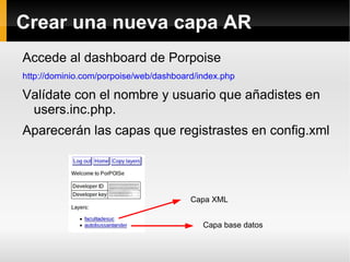 Crear una nueva capa AR
Accede al dashboard de Porpoise
http://dominio.com/porpoise/web/dashboard/index.php

Valídate con ...