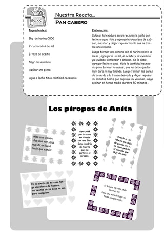 Nuestra Receta…
                         Pan casero
Ingredientes:                                           Elaboración:
                                                        Colocar la levadura en un recipiente junto con
1kg de harina 0000                                      leche o agua tibia y agregarle una pizca de azú-
                                                        car, mezclar y dejar reposar hasta que se for-
2 cucharadas de sal                                     me una espuma.
                                                        Luego formar una corona con el harina sobre la
½ taza de aceite
                                                        mesa , agregarle la sal, el aceite y la levadura
                                                        ya leudada, comenzar a amasar. Se le debe
50gr de levadura.
                                                        agregar leche o agua tibia la cantidad necesa-
                                                        ria para formar la masas , que no debe quedar
Azúcar una pizca                                        muy dura ni muy blanda. Luego formar los panes
                                                        de acuerdo a la forma deseada y dejar reposar
Agua o leche tibia cantidad necesaria                   30 minutos hasta que duplique su volumen, luego
                                                        cocinar en horno medio durante 50 minutos .




                Los piropos de Anita


                                          Ayer pasé
                                         por tu casa
    Alas que vi                          me tiraste                             Pedi
                enen,                                                                r
                                                                              cabe le a mi
   alas que va                          con una flor.                              za q
               n, alas                                                       de p       ue d
                                                                                              eje
   que dicen ¡Q                         Como vendría                              ensa
                                                                            es c       r en
                 ué                       de fuerte                              omo          ti,
  lindo que e                                                               al co      pedir
              stás!                         que me                               razó        le
                                                                            deje       n qu
                                         partiste el                              de la     e
                                                                                        tir.
                                           corazón.




                             n-
               de mi casa te
 En la puerta
                 de higuera,                                     Si la
 go una planta                 n
                                                                       luna es
                  mi boca no so                                                 bella,
                                                                                        más
 los besitos de                                                        lo es
                                                                             el sol.
                ra.                                            Pero
  para cualquie                                                     una m
                                                                           irada
                                                                 tiene           tuya
                                                                        comp            no
                                                                             aració
                                                                                     n.
 