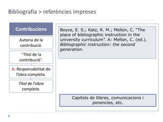 Bibliografia > referències impresesContribucionsBoyce, E. S.; Katz, R. M.; Mellon, C. “The place of bibliographicinstruction in theuniversitycurriculum”.A: Mellon, C. (ed.).Autoria de la contribució. “Títol de la contribució”.A: Responsabilitat de l’obra completa.Capítols de llibres, comunicacions i ponencies, etc.