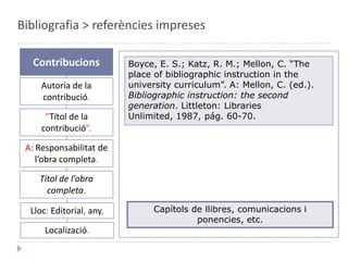Bibliografia > referències impresesContribucionsBoyce, E. S.; Katz, R. M.; Mellon, C. “The place of bibliographicinstruction in theuniversitycurriculum”.A: Mellon, C. (ed.).Bibliographicinstruction: thesecondgeneration.Littleton: LibrariesUnlimited, 1987, Autoria de la contribució. “Títol de la contribució”.A: Responsabilitat de l’obra completa.Títol de l’obra completa.Capítols de llibres, comunicacions i ponencies, etc.Lloc: Editorial, any,