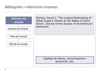 Bibliografia > referències impresesStanley, David J. “The original Buttressing of AbbotSuger’sChevet at theAbbey of Saint Denis”.Articles de revistaAutoría de l’artícle.“Títol de l’artícle”Capítols de llibres, comunicacions i ponencies, etc.
