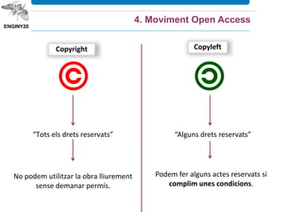 Copyright Copyleft
Podem fer alguns actes reservats si
complim unes condicions.
“Tots els drets reservats”
No podem utilitzar la obra lliurement
sense demanar permís.
“Alguns drets reservats”
4. Moviment Open Access
 