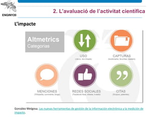 2. L’avaluació de l’activitat científica
González Melgosa. Las nuevas herramientas de gestión de la información electrónica y la medición de
impacto.
L’impacte
 