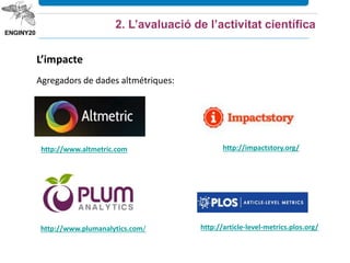 2. L’avaluació de l’activitat científica
http://www.altmetric.com
http://www.plumanalytics.com/
http://impactstory.org/
http://article-level-metrics.plos.org/
L’impacte
Agregadors de dades altmétriques:
 