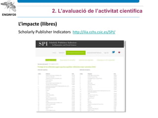 L’impacte (llibres)
Scholarly Publisher Indicators http://ilia.cchs.csic.es/SPI/
2. L’avaluació de l’activitat científica
 