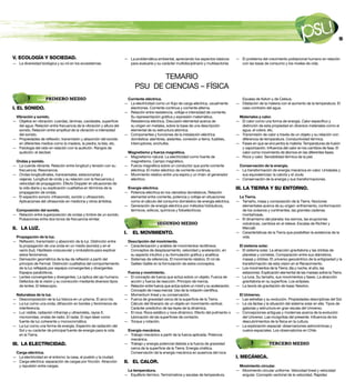 13



V. ECOLOGÍA Y SOCIEDAD.                                               — La problemática ambiental, apreciando los aspectos básicos          — El problema del crecimiento poblacional humano en relación
— La diversidad biológica y su rol en los ecosistemas.                  para evaluarla y su carácter multidisciplinario y multisectorial.     con las tasas de consumo y los niveles de vida.


                                                                                   TEMARIO
                                                                            PSU DE CIENCIAS – FÍSICA
                    PRIMERO MEDIO                                      corriente eléctrica.                                                   Escalas de Kelvin y de Celsius.
                                                                      — La electricidad como un flujo de carga eléctrica, usualmente        — Dilatación de la materia con el aumento de la temperatura. El
I. EL SONIDO.                                                           electrones. Corriente continua y corriente alterna.                   caso contrario del agua.
                                                                      — Relación entre resistencia, voltaje e intensidad de corriente.
 vibración y sonido.                                                    Su representación gráfica y expresión matemática.                    materiales y calor.
— Objetos en vibración: cuerdas, láminas, cavidades, superficie         Resistencia eléctrica. Discusión elemental acerca de                — El calor como una forma de energía. Calor específico y
   del agua. Relación entre frecuencia de la vibración y altura del     su origen en metales, sobre la base de una descripción                distinción de esta propiedad en diversos materiales como el
   sonido. Relación entre amplitud de la vibración e intensidad         elemental de su estructura atómica.                                   agua, el cobre, etc.
   del sonido.                                                        — Componentes y funciones de la instalación eléctrica                 — Transmisión de calor a través de un objeto y su relación con
— Propiedades de reflexión, transmisión y absorción del sonido          doméstica: alambres, aislantes, conexión a tierra, fusibles,          diferencia de temperatura. Conductividad térmica.
   en diferentes medios como la madera, la piedra, la tela, etc.        interruptores, enchufes.                                            — Fases en que se encuentra la materia: Temperaturas de fusión
— Fisiología del oído en relación con la audición. Rangos de                                                                                  y vaporización. Influencia del calor en los cambios de fase. El
   audición: el decibel.                                               magnetismo y fuerza magnética.                                         calor como movimiento de átomos en las diferentes fases.
                                                                      — Magnetismo natural. La electricidad como fuente de                  — Roce y calor. Sensibilidad térmica de la piel.
 ondas y sonido.                                                        magnetismo. Campo magnético.
— La cuerda vibrante. Relación entre longitud y tensión con su        — Fuerza magnética sobre un conductor que porte corriente              conservación de la energía.
  frecuencia. Resonancia.                                               eléctrica: El motor eléctrico de corriente continua.                — La transformación de energía mecánica en calor. Unidades y
— Ondas longitudinales, transversales, estacionarias y                — Movimiento relativo entre una espira y un imán: el generador          sus equivalencias: la caloría y el Joule.
  viajeras. Longitud de onda y su relación con la frecuencia y          eléctrico.                                                          — Conservación de la energía y sus transformaciones.
  velocidad de propagación. Efecto Doppler en situaciones de
  la vida diaria y su explicación cualitativa en términos de la        energía eléctrica.                                                   III. LA TIERRA Y SU ENTORNO.
  propagación de ondas.                                               — Potencia eléctrica en los utensilios domésticos. Relación
— El espectro sonoro: infrasonido, sonido y ultrasonido.                elemental entre corriente, potencia y voltaje en situaciones         la Tierra.
  Aplicaciones del ultrasonido en medicina y otros ámbitos.             como el cálculo del consumo doméstico de energía eléctrica.         — Tamaño, masa y composición de la Tierra. Nociones
                                                                      — Generación de energía eléctrica por métodos hidráulicos,              elementales acerca de su origen: enfriamiento, conformación
 composición del sonido.                                                térmicos, eólicos, químicos y fotoeléctricos.                         de los océanos y continentes, las grandes cadenas
— Relación entre superposición de ondas y timbre de un sonido.                                                                                montañosas.
  Pulsaciones entre dos tonos de frecuencia similar.                                                                                        — El dinamismo del planeta: los sismos, las erupciones
                                                                                           SEGUNDO MEDIO                                      volcánicas, cambios en el relieve. Escalas de Richter y
II. LA LUZ.                                                                                                                                   Mercalli.
                                                                      I.   EL MOVIMIENTO.                                                   — Características de la Tierra que posibilitan la existencia de la
 Propagación de la luz.                                                                                                                       vida.
— Reflexión, transmisión y absorción de la luz. Distinción entre       descripción del movimiento.
  la propagación de una onda en un medio (sonido) y en el             — Caracterización y análisis de movimientos rectilíneos.               el sistema solar.
  vacío (luz). Hipótesis corpuscular y ondulatoria para explicar        Conceptos de desplazamiento, velocidad y aceleración, en            — El sistema solar. La atracción gravitatoria y las órbitas de
  estos fenómenos.                                                      su aspecto intuitivo y su formulación gráfica y analítica.            planetas y cometas. Comparación entre sus diámetros,
— Derivación geométrica de la ley de reflexión a partir del           — Sistemas de referencia. El movimiento relativo. El rol de             masas y órbitas. El universo geocéntrico de la antigüedad y la
  principio de Fermat. Distinción cualitativa del comportamiento        Galileo Galilei en la formulación de estos conceptos.                 transformación de esta visión en el Renacimiento.
  de la luz reflejada por espejos convergentes y divergentes.                                                                               — Los movimientos de la Tierra: día y noche, el año, las
  Espejos parabólicos.                                                 Fuerza y movimiento.                                                   estaciones. Explicación elemental de las mareas sobre la Tierra.
— Lentes convergentes y divergentes. La óptica del ojo humano.        — El concepto de fuerza que actúa sobre un objeto. Fuerza de          — La luna. Su tamaño, sus movimientos y fases. La atracción
  Defectos de la visión y su corrección mediante diversos tipos         acción y fuerza de reacción. Principio de inercia.                    gravitatoria en su superficie. Los eclipses.
  de lentes. El telescopio.                                           — Relación entre fuerza que actúa sobre un móvil y su aceleración.    — La teoría de gravitación de Isaac Newton.
                                                                        Concepto de masa inercial. Uso de la notación científica.
 naturaleza de la luz.                                                — Momentum lineal y su conservación.                                   el Universo.
— Descomposición de la luz blanca en un prisma. El arco iris.         — Fuerza de gravedad cerca de la superficie de la Tierra.             — Las estrellas y su evolución. Propiedades descriptivas del Sol.
— La luz como una onda, difracción en bordes y fenómenos de             Cálculo del itinerario de un objeto en movimiento vertical.         — La vía láctea y la situación del sistema solar en ella. Tipos de
  interferencia.                                                        Carácter predictivo de las leyes de la dinámica.                      galaxias y estructura en gran escala del Universo.
— Luz visible, radiación infrarroja y ultravioleta, rayos X,          — El roce. Roce estático y roce dinámico. Efecto del pulimento o      — Concepciones antiguas y modernas acerca de la evolución
  microondas, ondas de radio. El radar. El rayo láser como              lubricación de las superficies de contacto.                           del Universo. Las incógnitas del presente. Influencia de los
  fuente de luz coherente y monocromática.                            — Torque y rotación.                                                    descubrimientos de la física en la cultura.
— La luz como una forma de energía. Espectro de radiación del                                                                               — La exploración espacial: observaciones astronómicas y
  Sol y su carácter de principal fuente de energía para la vida        energía mecánica.                                                      vuelos espaciales. Los observatorios en Chile.
  en la Tierra.                                                       — Trabajo mecánico a partir de la fuerza aplicada. Potencia
                                                                        mecánica.
III. LA ELECTRICIDAD.                                                 — Trabajo y energía potencial debida a la fuerza de gravedad                              TERCERO MEDIO
                                                                        cerca de la superficie de la Tierra. Energía cinética.
 carga eléctrica.                                                       Conservación de la energía mecánica en ausencia del roce.
— La electricidad en el entorno: la casa, el pueblo y la ciudad.                                                                            I. MECÁNICA.
— Carga eléctrica: separación de cargas por fricción. Atracción       II. EL CALOR.
  y repulsión entre cargas.                                                                                                                  movimiento circular.
                                                                       la temperatura.                                                      — Movimiento circular uniforme. Velocidad lineal y velocidad
                                                                      — Equilibrio térmico. Termómetros y escalas de temperatura.             angular. Concepto vectorial de la velocidad. Rapidez
 