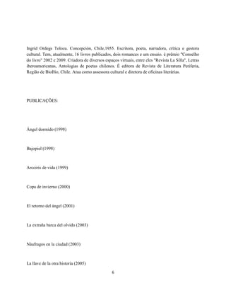 Ingrid Ordegs Toloza. Concepción, Chile,1955. Escritora, poeta, narradora, crítica e gestora
cultural. Tem, atualmente, 16 livros publicados, dois romances e um ensaio. é prêmio "Conselho
do livro" 2002 e 2009. Criadora de diversos espaços virtuais, entre eles "Revista La Silla", Letras
iberoamericanas, Antologias de poetas chilenos. É editora de Revista de Literatura Periferia,
Região de BioBio, Chile. Atua como assessora cultural e diretora de oficinas literárias.




PUBLICAÇÕES:




Ángel dormido (1998)



Bajopiel (1998)



Arcoiris de vida (1999)



Copa de invierno (2000)



El retorno del ángel (2001)



La extraña barca del olvido (2003)



Náufragos en la ciudad (2003)



La llave de la otra historia (2005)
                                                6
 